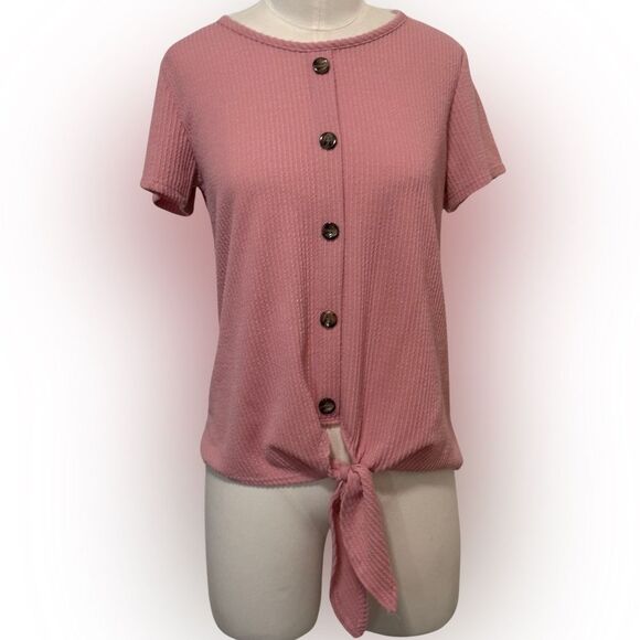 JM Fleurette Women's Pink Button-Down Tie-Front Top, Size Medium - Picture 1 of 5